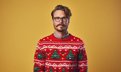 Obraz premium Studio portrait of handsome happy bearded man wearing christmas ugly sweater with ornament, posing over the wall, copy space for text. Festive background. New Year, x-mas, Happy New Year, holiday love