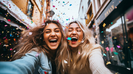 Fototapeta premium Two young women taking selfie with confetti in a city street. 