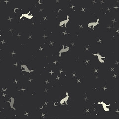 Seamless pattern with stars, hare symbols on black background. Night sky. Vector illustration on black background