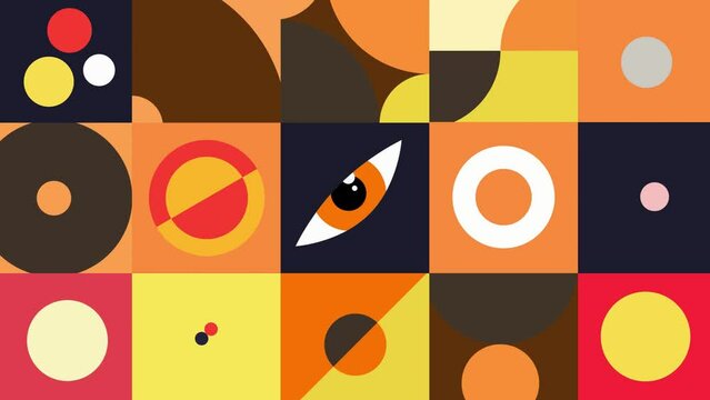 Geometric patterns background loop, animated circles and squares, a modernist abstract background, and a Bauhaus Design style with soft pastel color