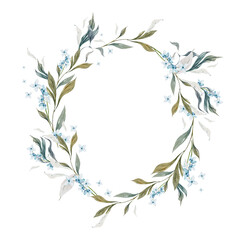 Wedding watercolor wreath with leaves and blue flowers.