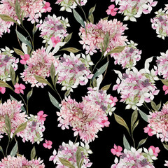 Fototapeta premium Wedding watercolor seamless pattern with hydrangea leaves and flowers.
