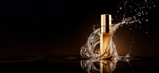 skincare cosmetic glass bottle packaging on splash and ripple water in black background. beauty product bottle mockup.