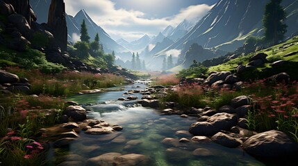 Panorama of a mountain river in the mountains. Panoramic image