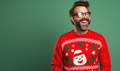 Studio portrait of handsome happy bearded man wearing christmas ugly sweater with ornament, posing over the wall, copy space for text. Festive background. New Year, x-mas, Happy New Year, holiday love