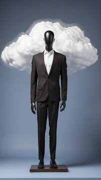 Animated illustration of an elegant mannequin in a suit, accompanied by a constantly moving cloud on a blue background. This image captures the concept of constantly evolving business and ideas.
