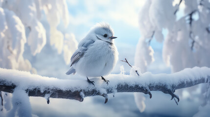 Beautiful winter wallpaper wildlife. Сute little fluffy bird sitting on a snowy tree branch. Snow, December, Christmas card or banner template. 