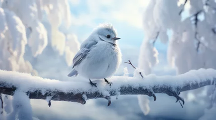 Deurstickers Beautiful winter wallpaper wildlife. Сute little fluffy bird sitting on a snowy tree branch. Snow, December, Christmas card or banner template.  © IndigoElf