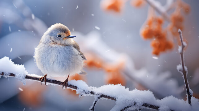 Beautiful winter wallpaper wildlife. Сute little fluffy bird sitting on a snowy tree branch. Snow, December, Christmas card or banner template. 