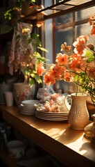 Ceramic vase with flowers on a shelf in the kitchen