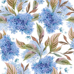 Fototapeta na wymiar Wedding watercolor seamless pattern with hydrangea leaves and flowers.