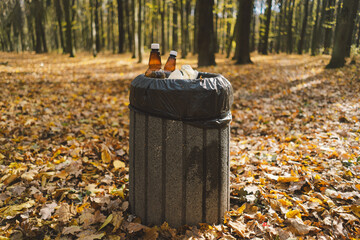 Garbage in the forest. Love nature. Earth day and environmental care.