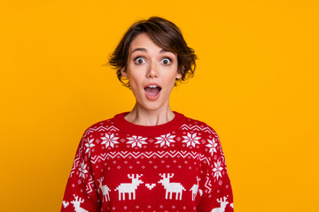 Portrait of positive impressed woman wear christmas print sweater astonished staring on discount...
