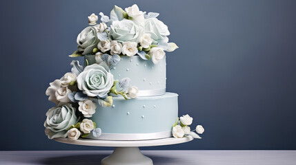 Close-up of tiered Wedding Cake. Copy space, banner template for wedding planner, event organization, catering, custom cakes.