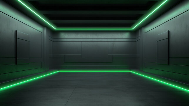 Interior of a minimalist interior design with vibrant green neon lighting accents. Generative AI