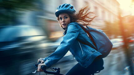 young woman wearing helmet riding bicycle on busy road traffic to go to work or university. concept of urban transport, modern young people with green lifestyle  - obrazy, fototapety, plakaty