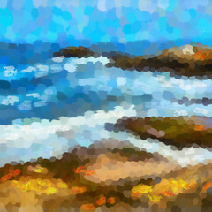 Obraz na płótnie Canvas Oil painting style illustration. Hand drawn landscape sea coast, waves and rocks