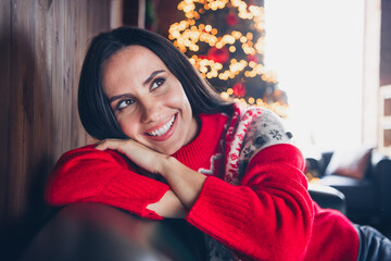 Photo of dreamy pretty girl dressed red print sweater enjoying holly jolly spirit miracle magic...