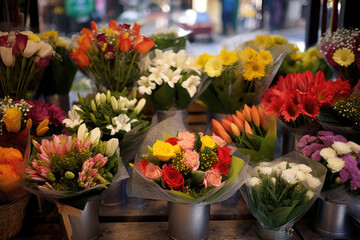 Assortment of flower bouquets at the market