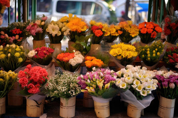 Fototapeta na wymiar Assortment of flower bouquets at the market