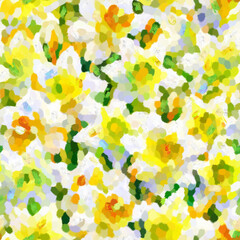Bright seamless pattern with yellow daffodils in oil painting  style. Floral background happy easter