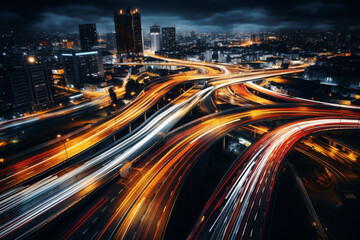 a top-down view of a long-exposure shot on a busy highway at night, illustrating ground transportation's role in logistics with streaks of light from vehicles - obrazy, fototapety, plakaty