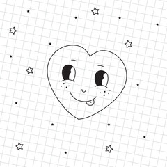 Heart with cute nice face with little black stars and flowers, tongue, frenckles in outline style on squared white background for patterns, wallpapers, stickers, webs	