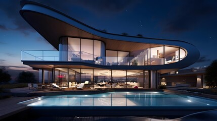 3d rendering of a modern building with pool and lights at night