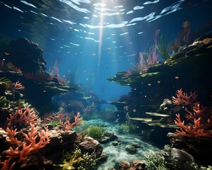 Underwater view of the coral reef. Underwater panorama.