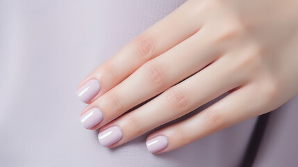 Obraz na płótnie Canvas Perfect minimalistic neat feminine manicure. Well groomed fingers, nails covered with pastel gel polish. Banner template with copy space. 