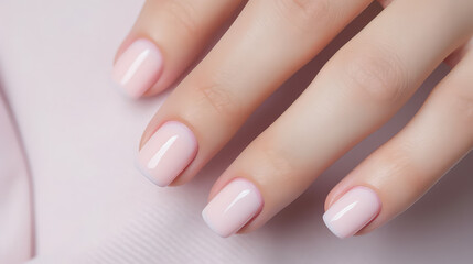 Perfect minimalistic neat feminine manicure. Well groomed fingers, nails covered with pastel gel polish. Banner template with copy space. 