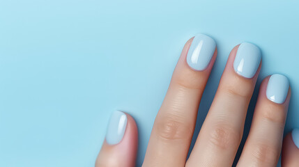 Perfect minimalistic neat feminine manicure. Well groomed fingers, nails covered with pastel gel polish. Banner template with copy space. 