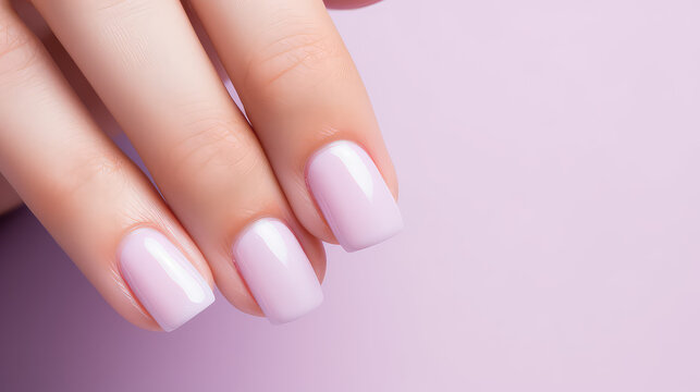 Perfect minimalistic neat feminine manicure. Well groomed fingers, nails covered with pastel gel polish. Banner template with copy space. 