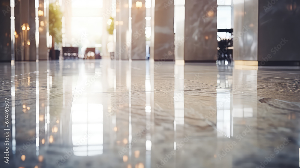 Wall mural Sparkling shiny marble floor in modern commercial lobby of business center. Premium flooring in a hotel or office.