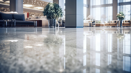 Sparkling shiny marble floor in modern commercial lobby of business center. Premium flooring in a hotel or office. - obrazy, fototapety, plakaty