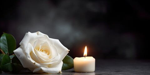 Condolence, grieving card, loss, funerals, support. Elegant white rose with burning candle on a black texture background for sending words of support and comfort. - obrazy, fototapety, plakaty