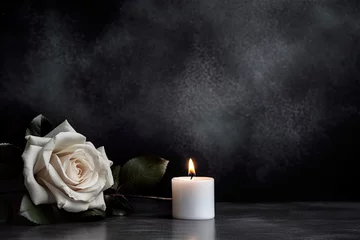 Fototapeten Condolence, grieving card, loss, funerals, support. Elegant white rose with burning candle on a black texture background for sending words of support and comfort. © Caphira Lescante
