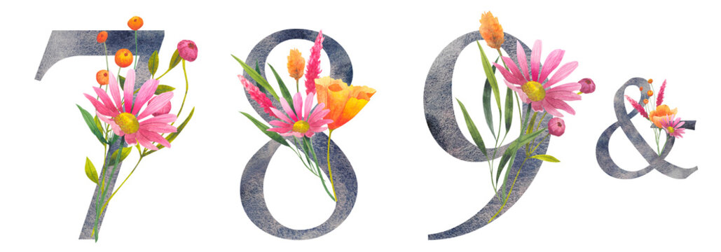 Number 7, 8, 9. Set of floral numeric seven, eight, nine in watercolor with wildflowers bouquet. Wedding invitations, greeting card, birthday, logo, poster other ideas. lettering for postcard design.
