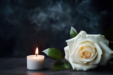 Condolence, grieving card, loss, funerals, support. Elegant white rose with burning candle on a...