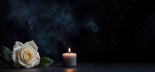 Condolence, grieving card, loss, funerals, support. Elegant white rose with burning candle on a...
