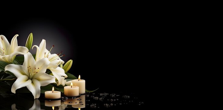 Condolence, grieving card, loss, funerals, support. Elegant white rose with burning candle on a black texture background for sending words of support and comfort.