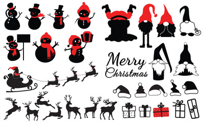 Fototapeta premium Set of winter and christmas silhouettes.Santa Claus flies with reindeer, Gnomes, snow man Christmas collection. Santa's cart with reindeer. Clip art for banner, flyer, business, card, poster. Vector