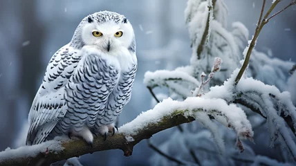 Printed roller blinds Snowy owl a beautiful snowy owl perching on a branch in winter