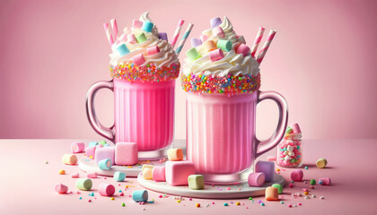 Pink white chocolate milkshake with whipped cream and colorful marshmallow.Trendy freak or crazy cocktail.