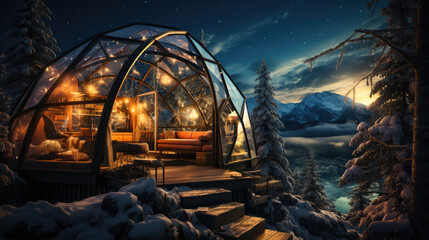 Winter holiday in a luxury modern glass igloo hotel with beautiful view on mountains, forest and night sky - obrazy, fototapety, plakaty