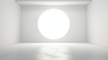 Interior of a empty minimal modern white room with abstract round window. Copy space. Generative AI