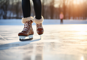 Close Up of brown leather figure skaters woman figure legs in skating on Ice