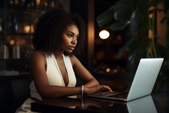 Productive businesswoman typing on laptop. Generative AI.