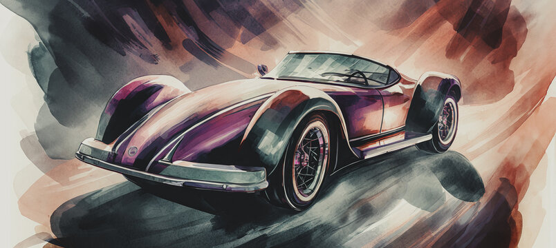 illustrazione di lussuosa sport car dalle linee futuristiche con richiami ret&ograve;, colori ad acqua su carta