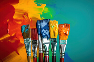 Row of colored paint brushes on abstract background